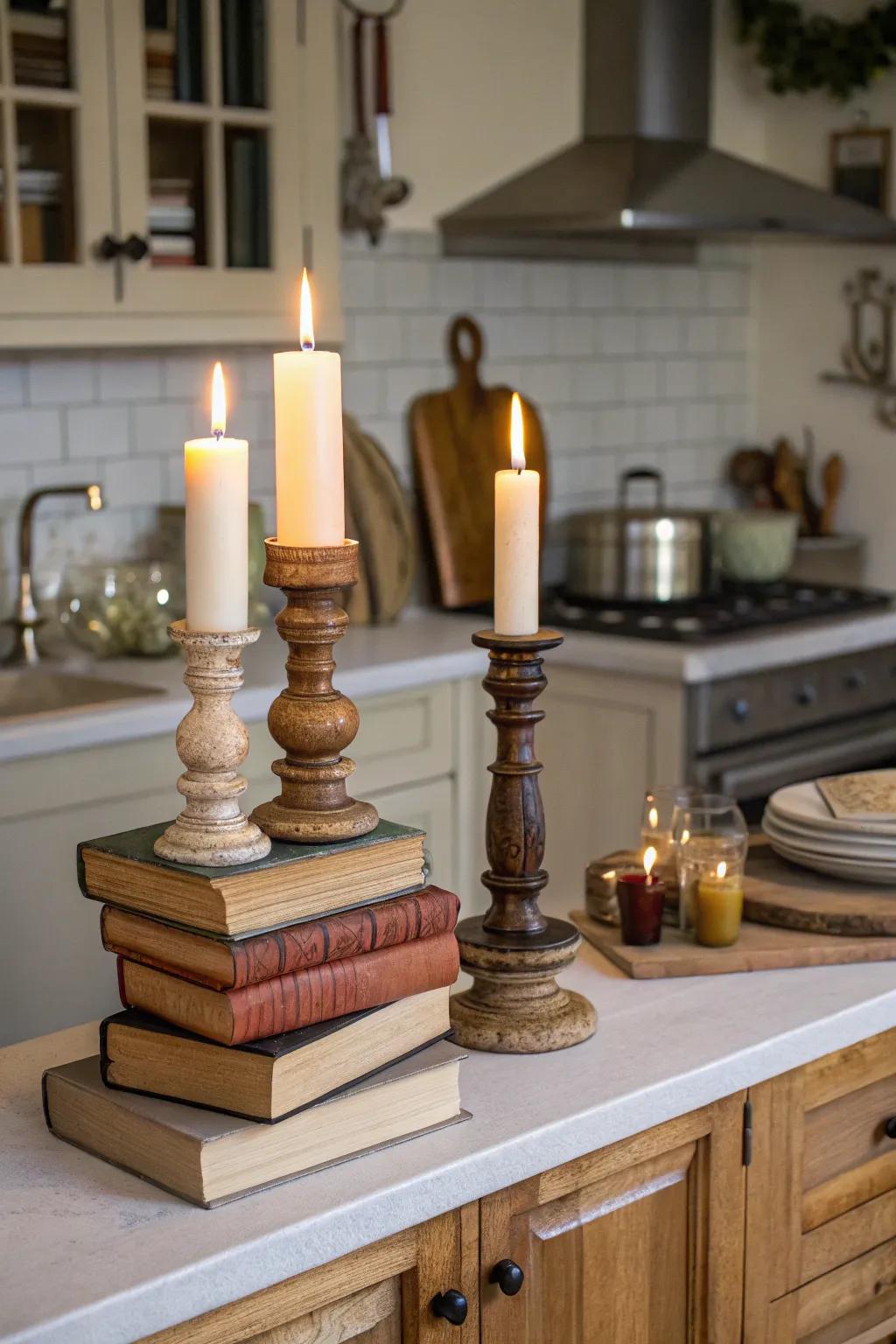 Craft a sense of depth using decor of varying heights above your cabinets.
