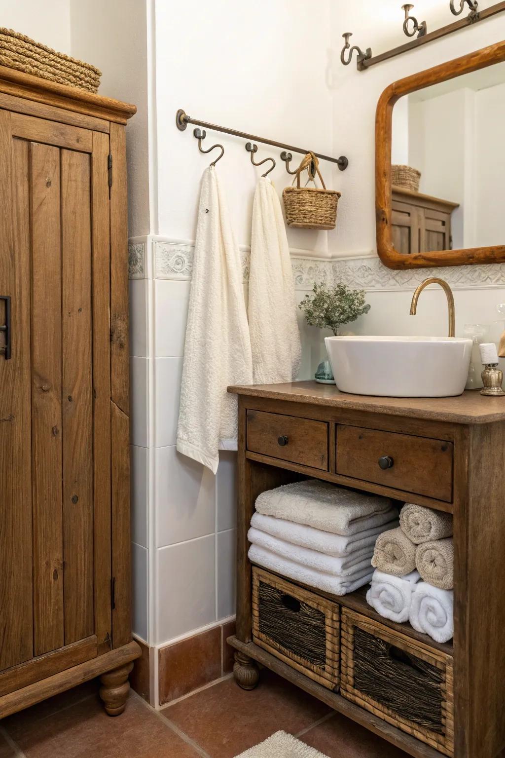 Enhance furniture with functional towel hooks.