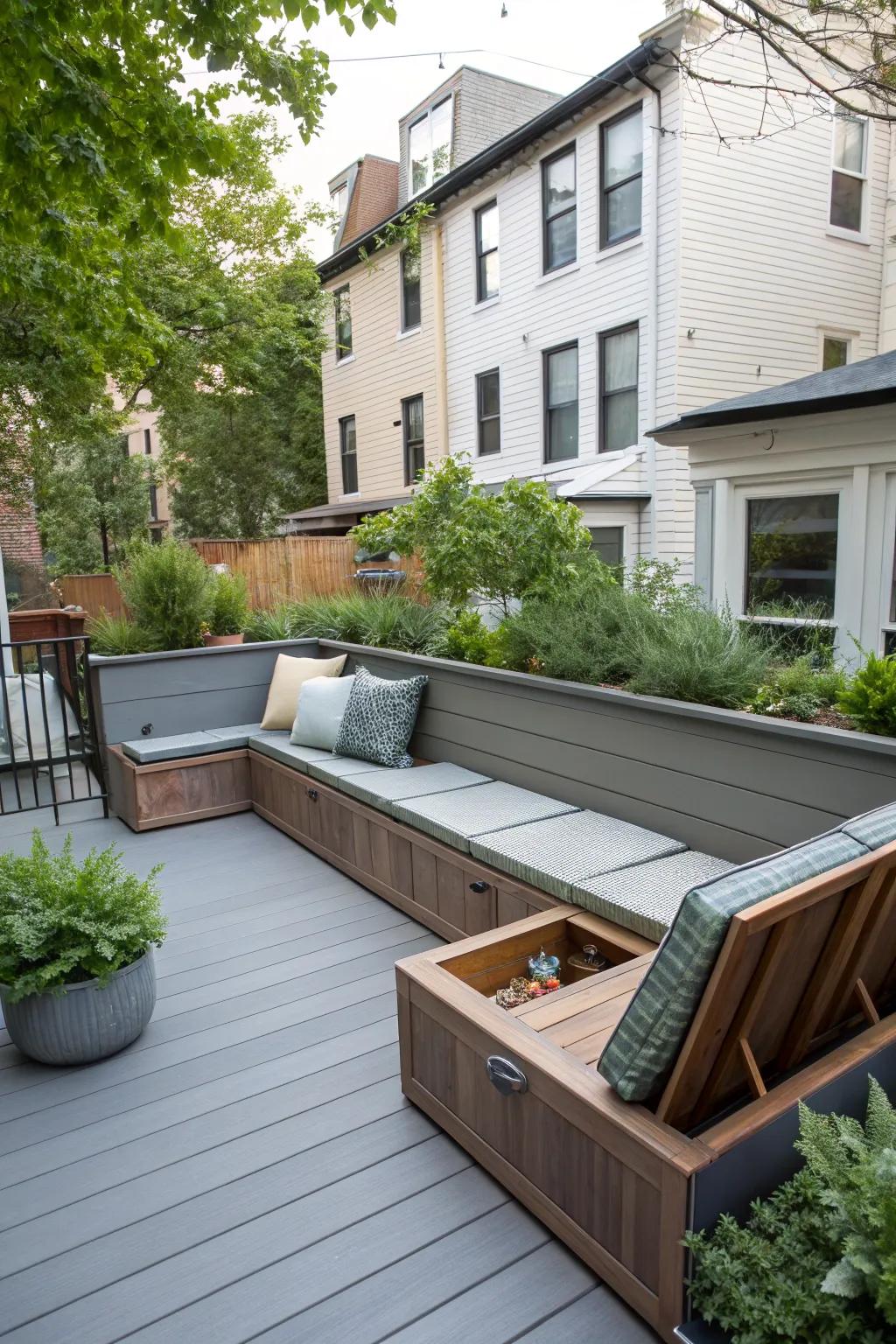 Blend seating with storage to effectively utilize deck space.