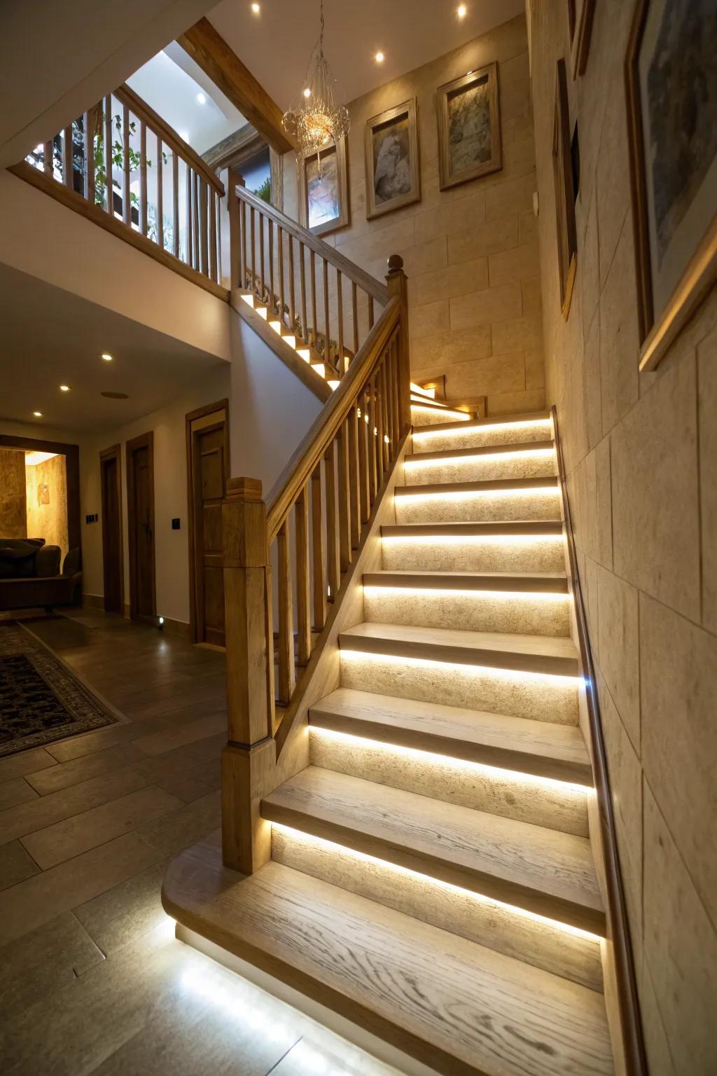 LED-illuminated steps amplify safety and insert a modern detail.