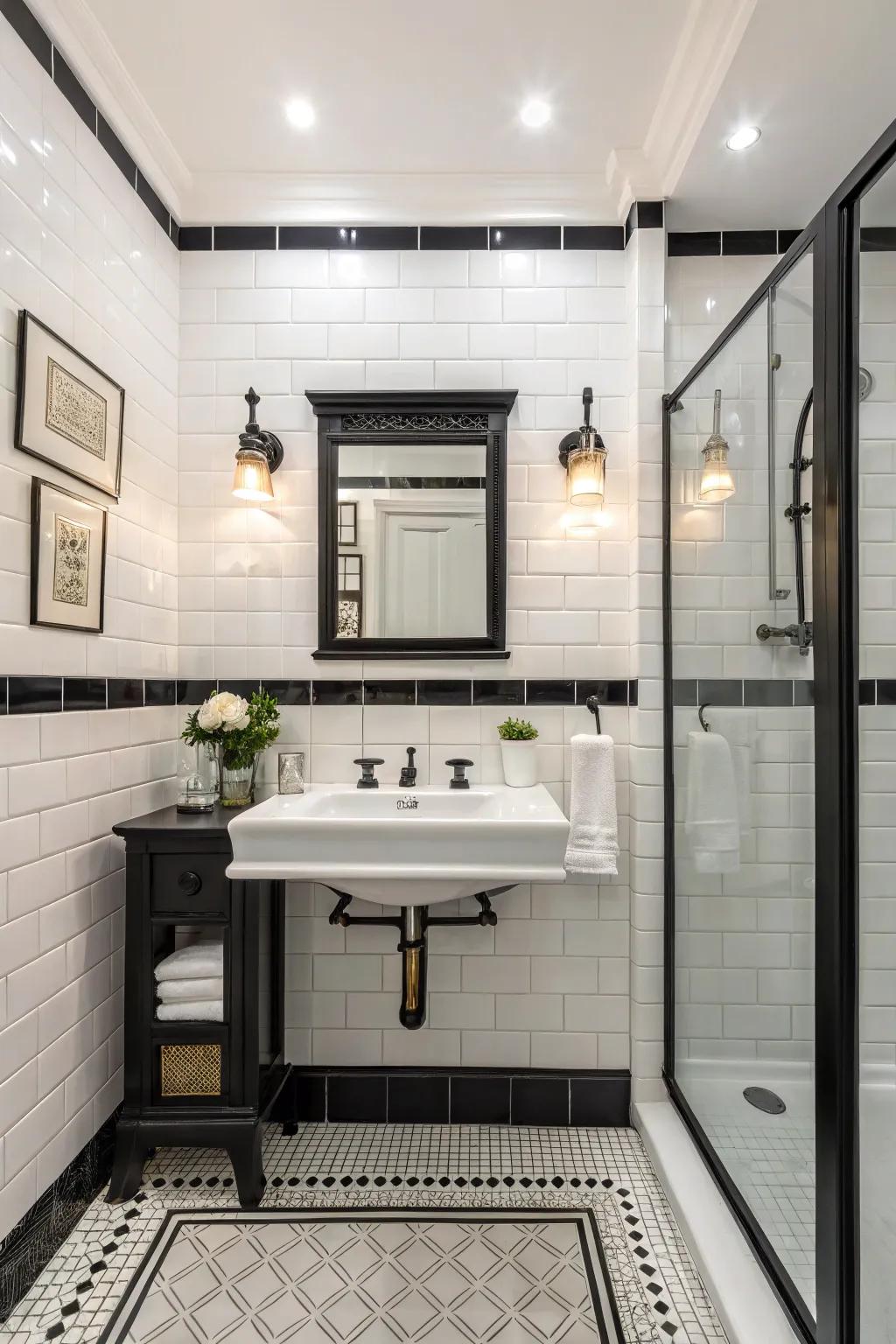 A white bathroom featuring stylish dark features that produce striking contrast.