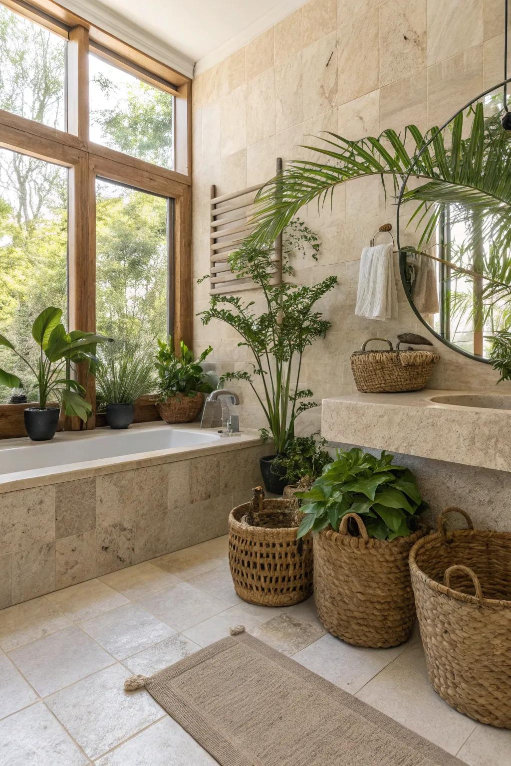 A travertine bathroom is animated with plants and woven baskets, enhancing its natural appeal.