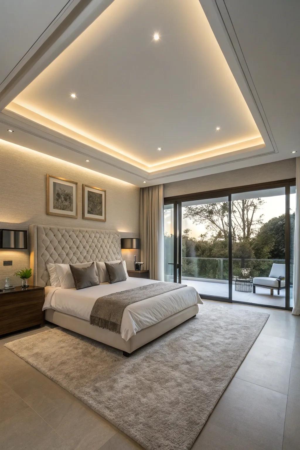 A modern bedroom featuring smart lighting integrated into the tray ceiling.