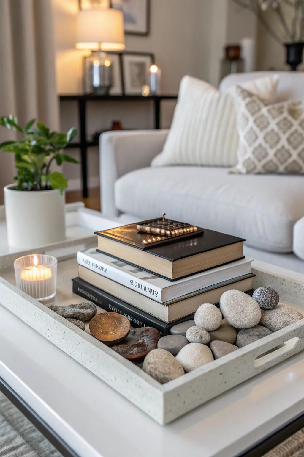 An elegant coffee table featuring a creatively arranged artistic tray.