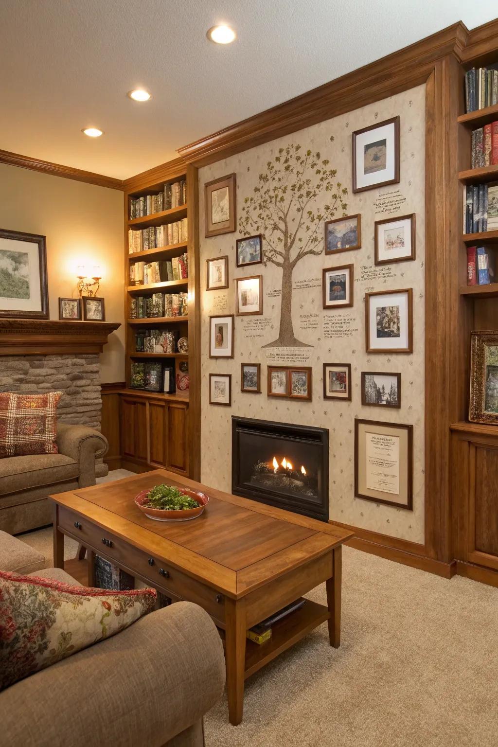 A family tree bulletin board featuring photos and family names.