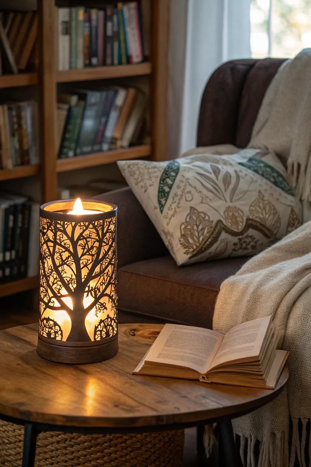 Eternal Tree candle holder casts a warm glow in a reading nook.