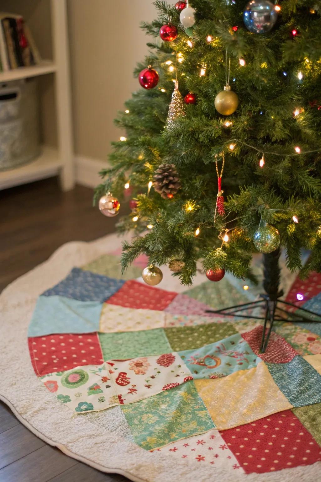 A patchwork tree skirt imbues a personal feel to your holiday arrangement.