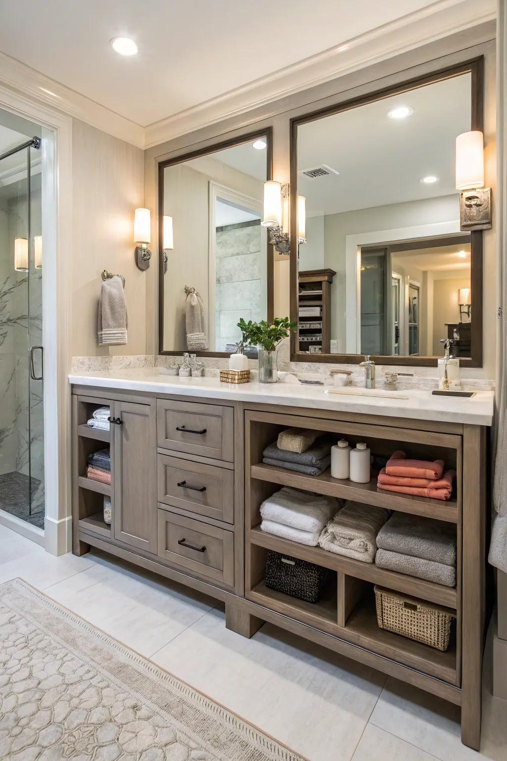 This bathroom vanity offers extensive storage capacity, keeping the space orderly and free from clutter.