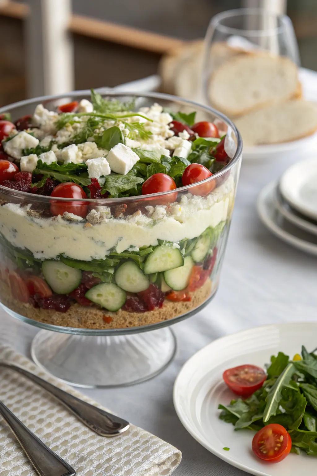 A dessert bowl beautifully showcasing a layered salad.