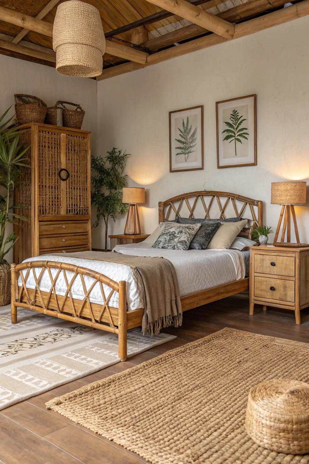Natural materials like wood and bamboo ground your bedroom in nature.