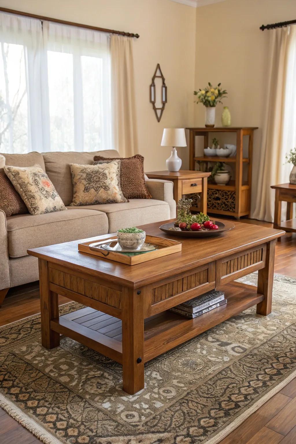 Wood elements add warmth and texture to the decor.