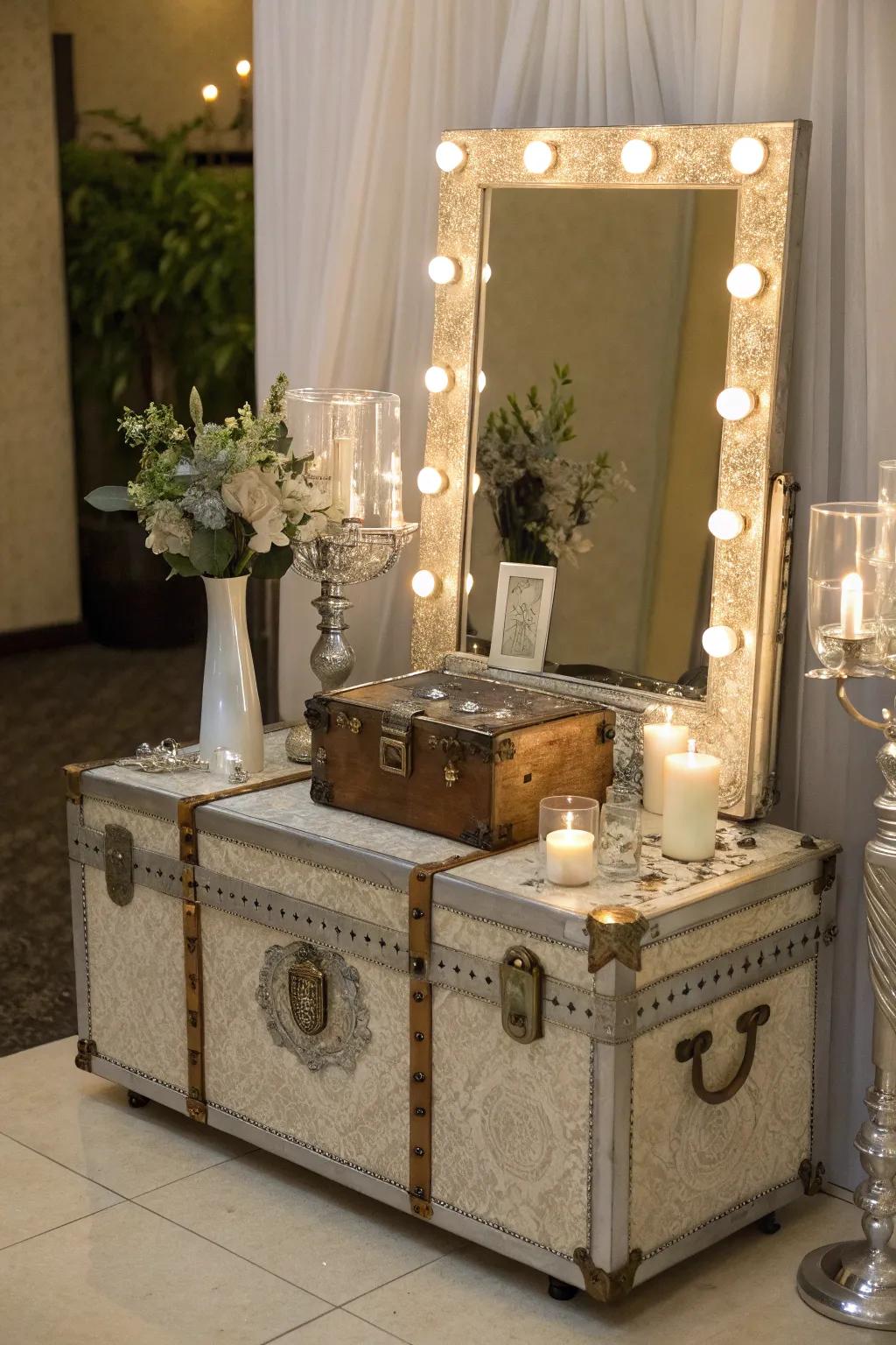 A vintage trunk transformed into a chic vanity with timeless appeal.