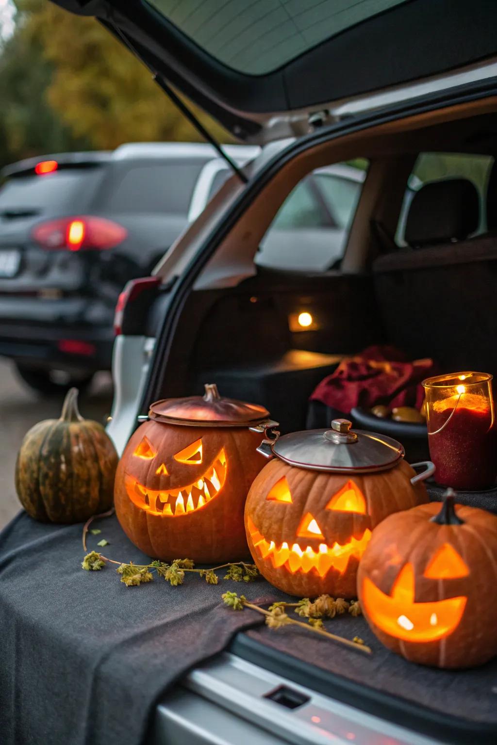 Gourd cauldrons illuminate the night with eerie charm.