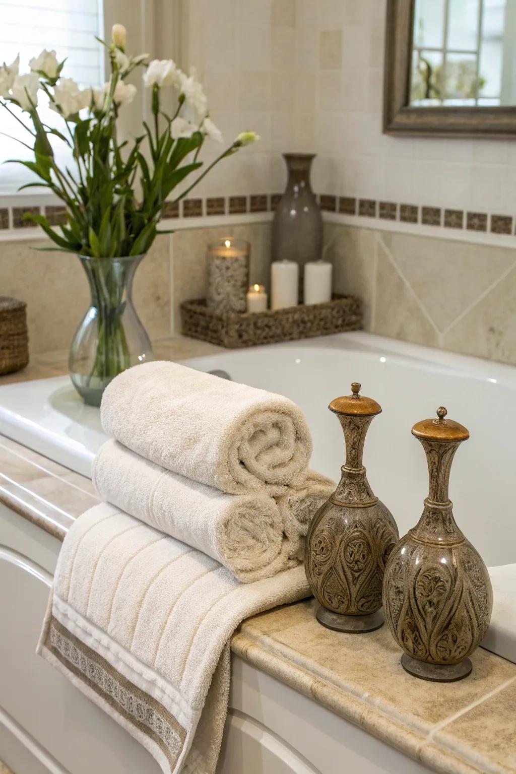 A cozy tub deck with plush towels and refined ornamental vases.