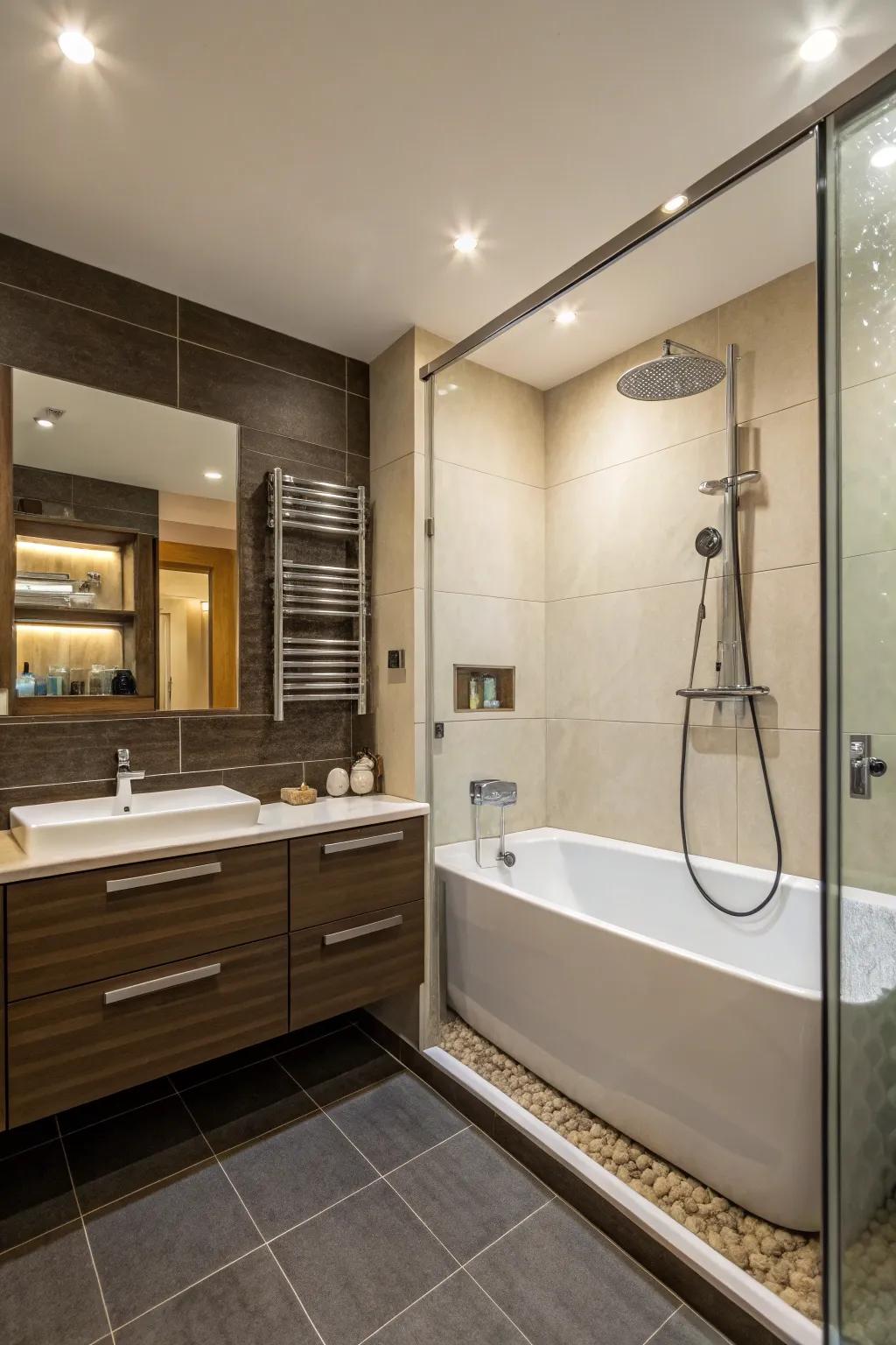 A dual functionality setup merging shower and bath zones for peak efficiency.