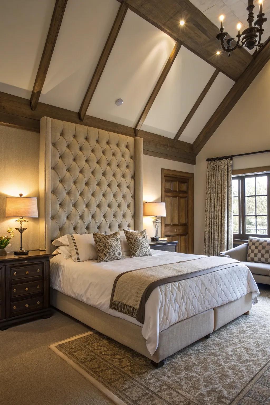 A majestic bedroom graced by a towering tufted headboard.