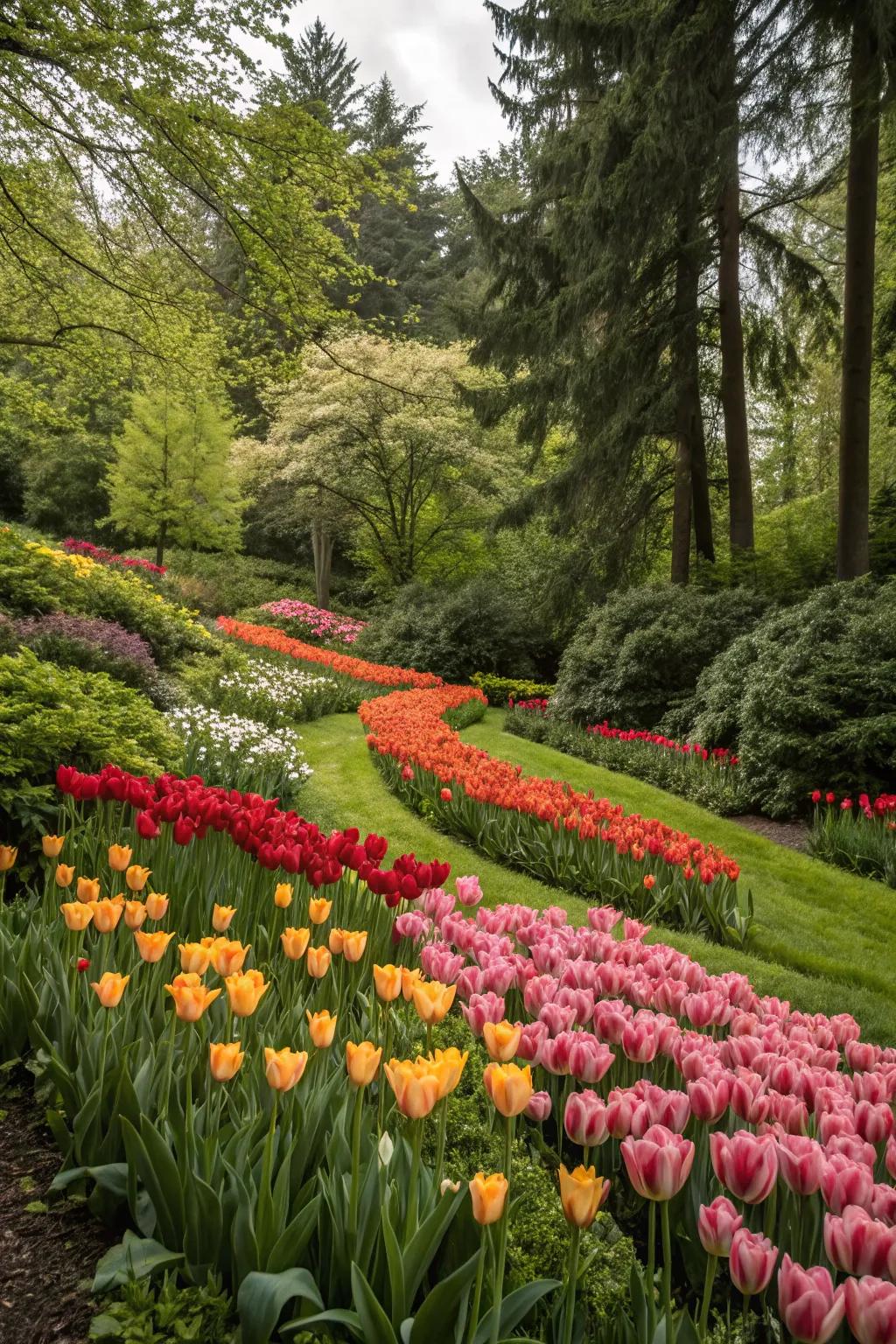 Tulips delivering a colorful foreground against a foundation of trees and shrubs.