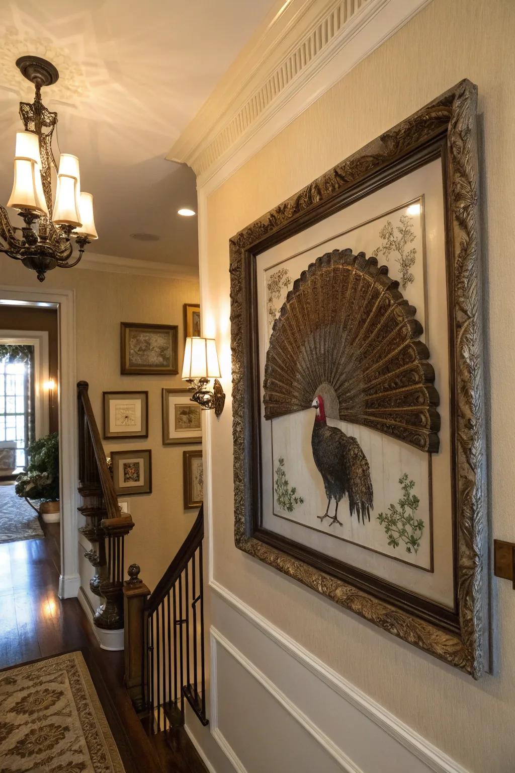 An encased display infuses a layer of elegance into a turkey fan mount.