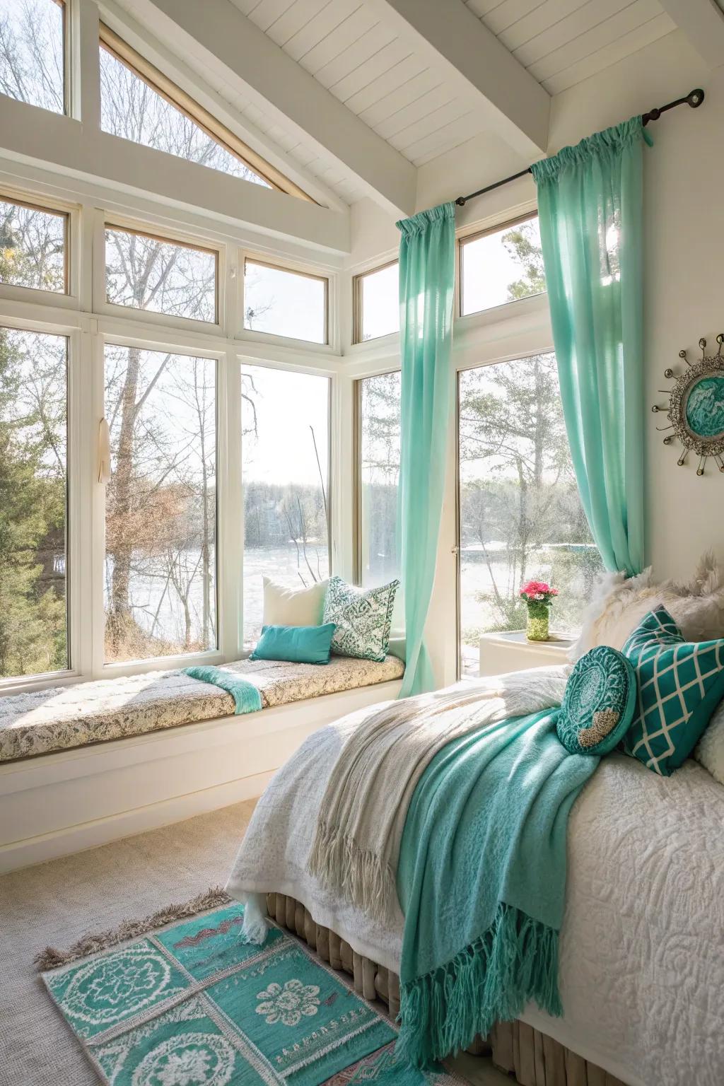 Natural light highlights vibrant teal colors.