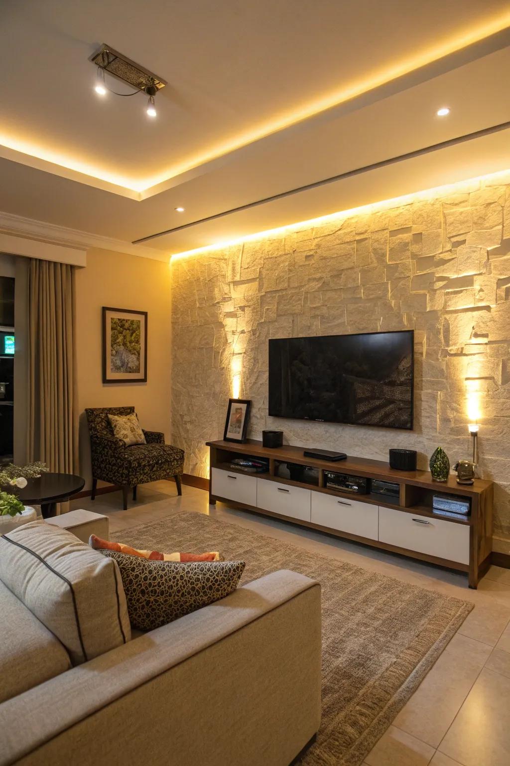 LED backlighting enhances the mood of this TV feature wall.