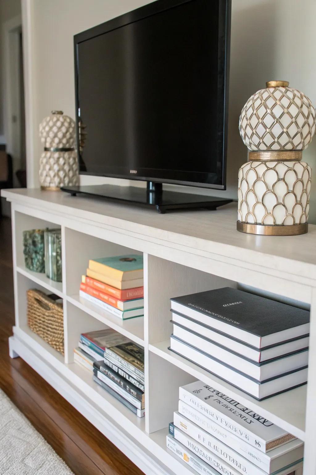 Books injecting character and coziness into TV stand decor.