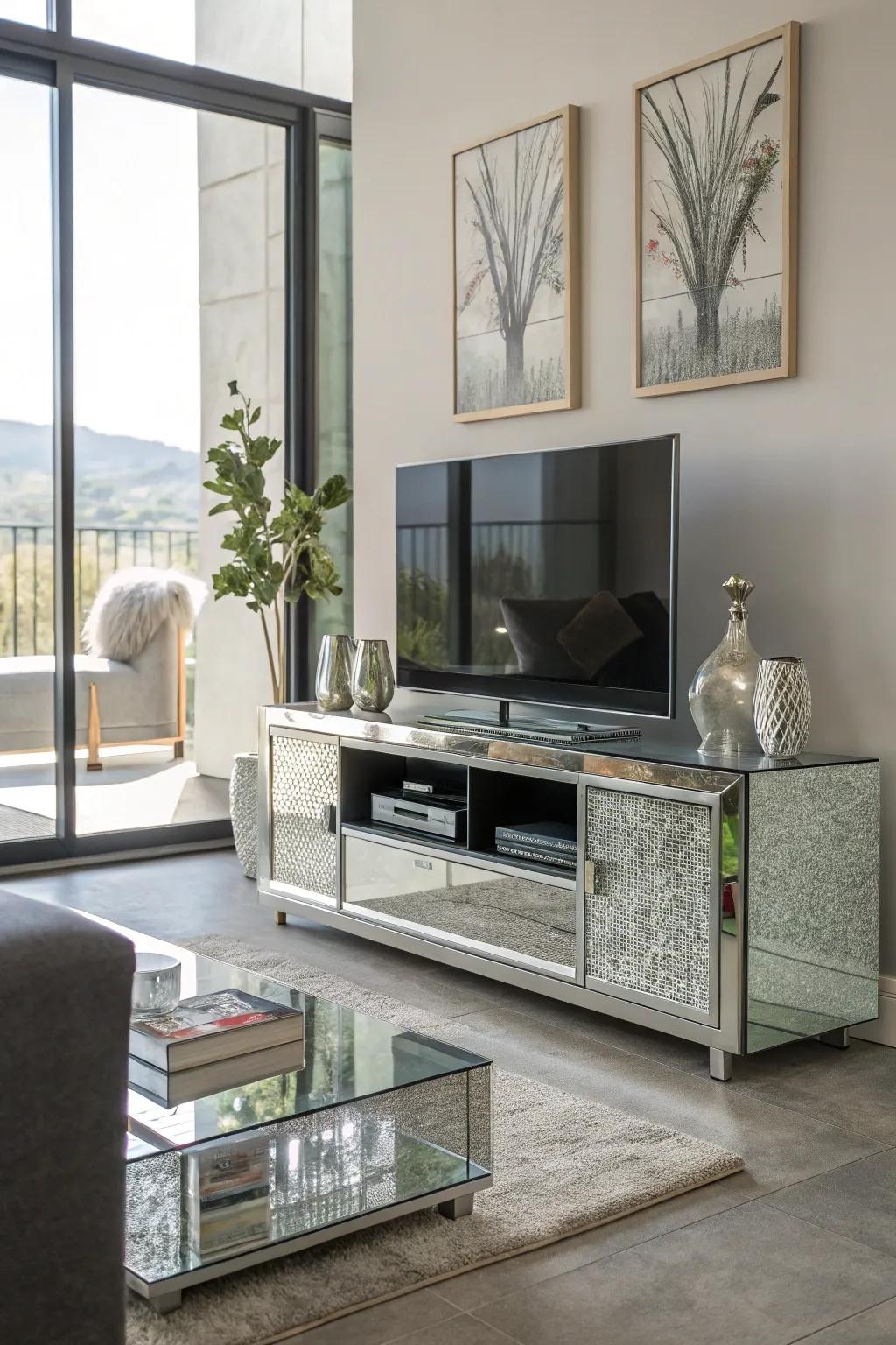 Glass elements add a touch of elegance to the TV stand.