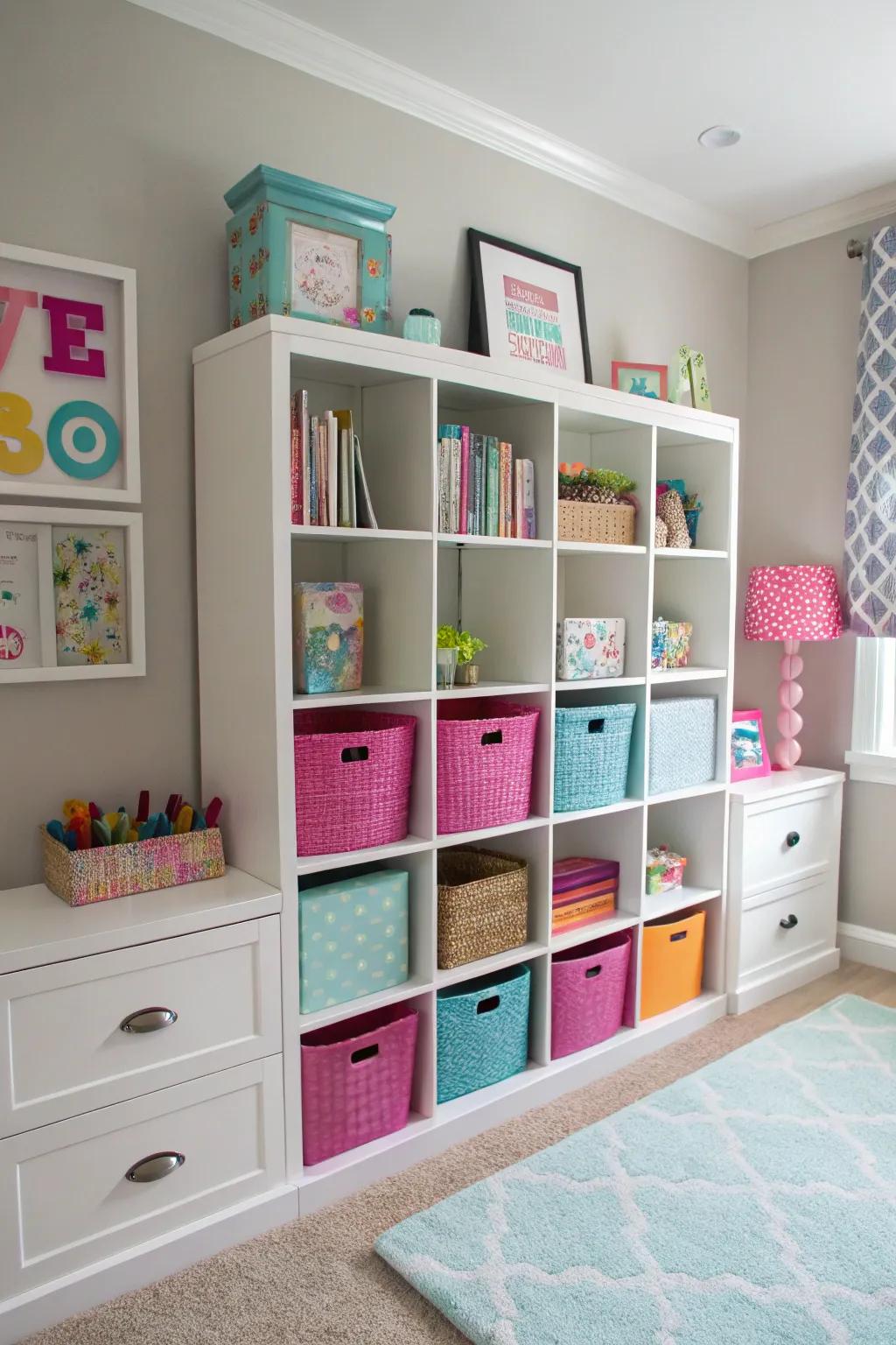 Meticulous arrangement with stylish shelves and storage.