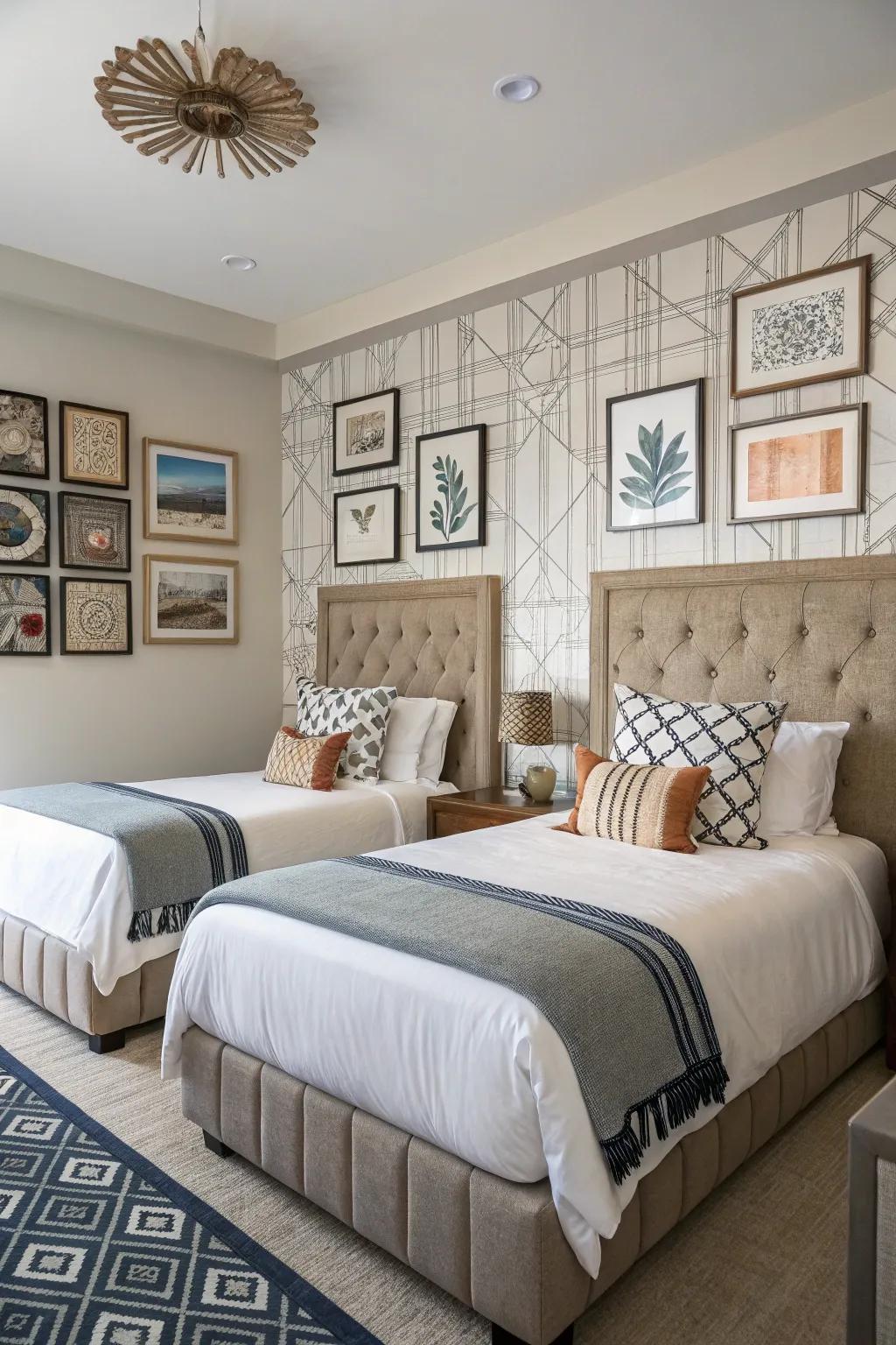 Artistic wall decor personalizes and elevates twin bed spaces.