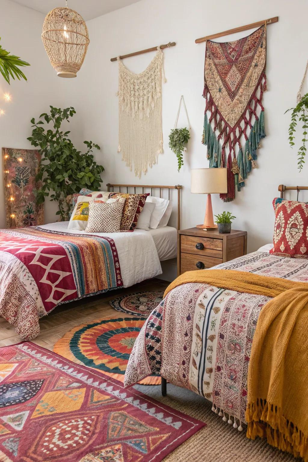 A themed twin bedroom with bohemian inspirations.
