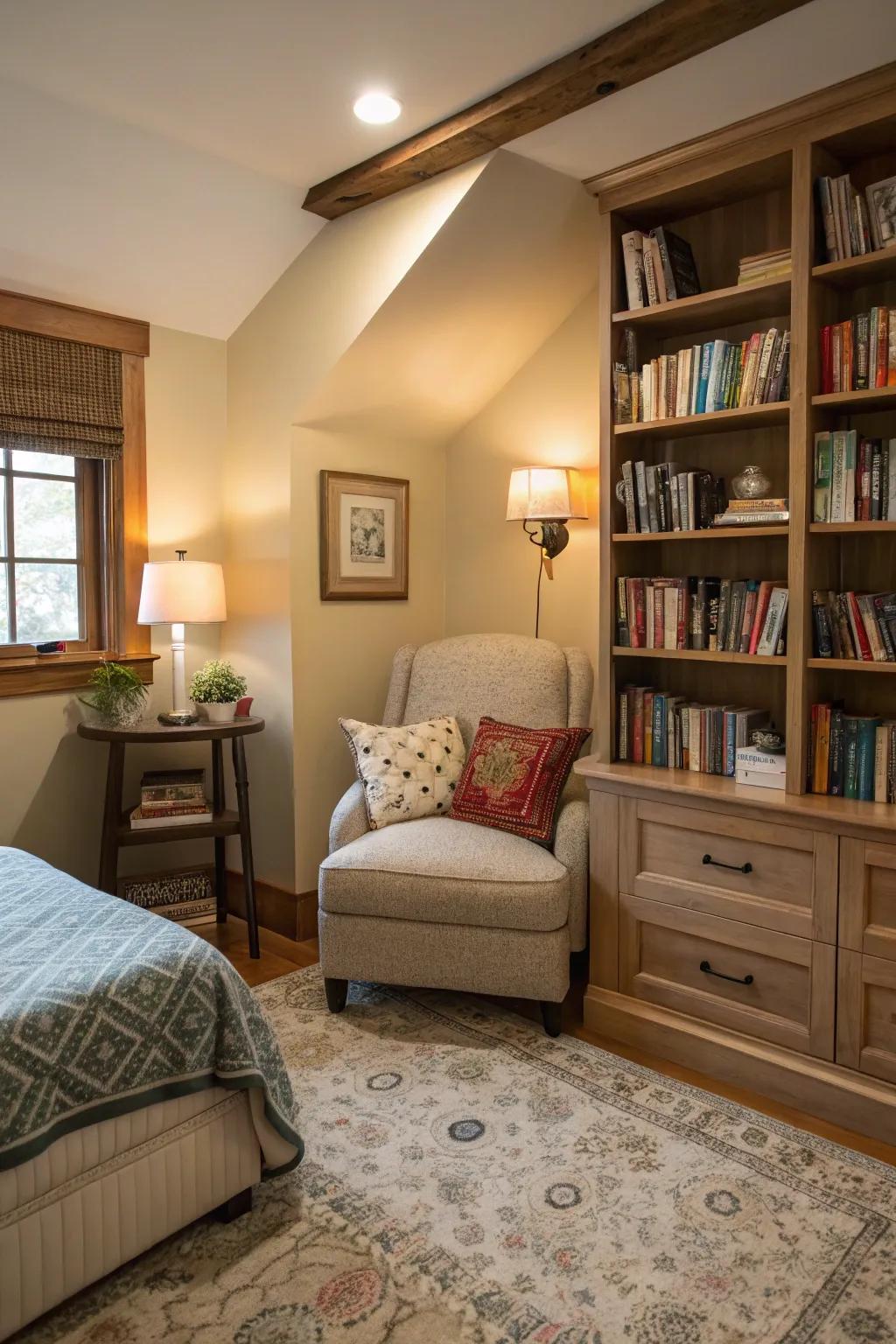 A reading nook provides a quiet retreat within the room.