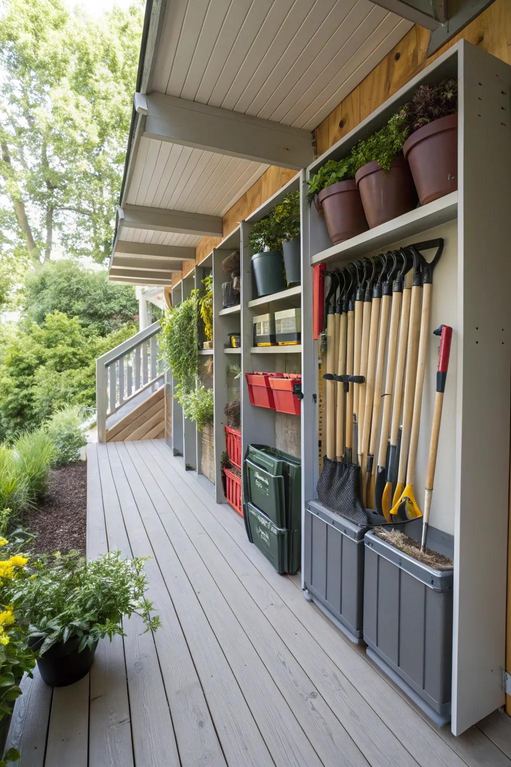 Effective upright storage options beneath the deck for all your outdoor requirements.