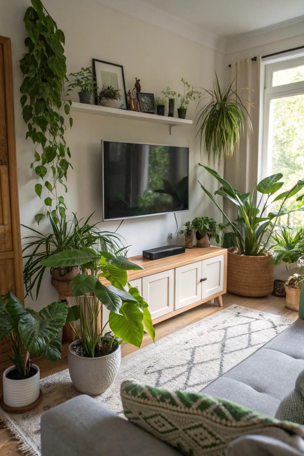 Plants under your TV bring a touch of nature indoors.