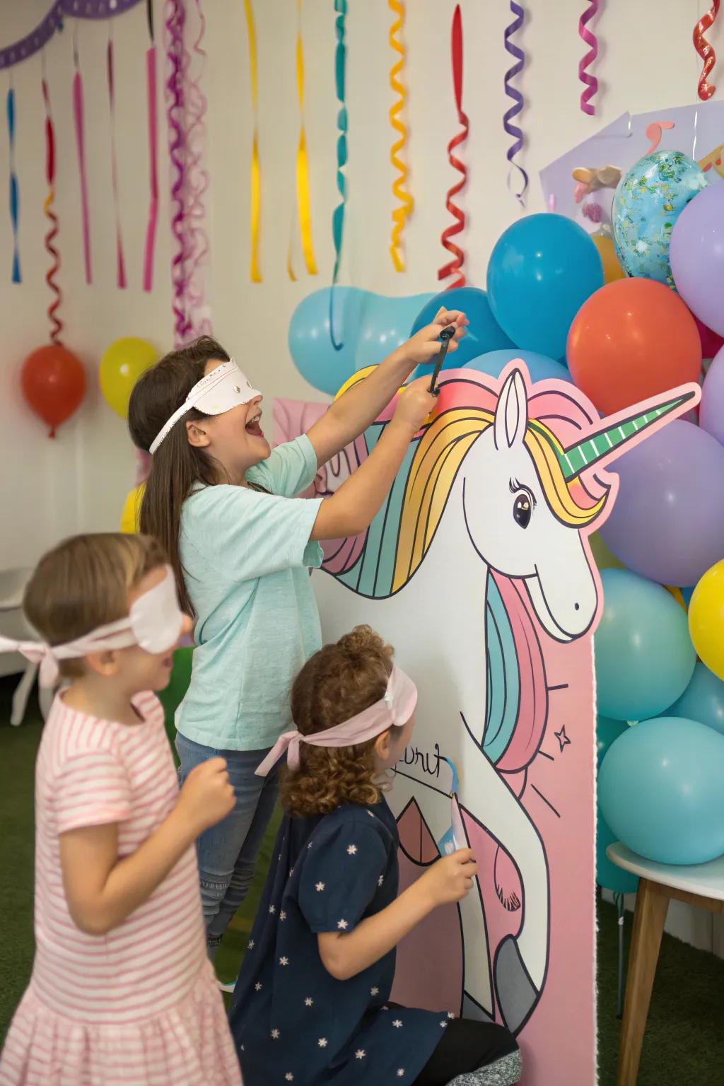 Youngsters reveling in a traditional 'Attach the Horn to the Unicorn' game.
