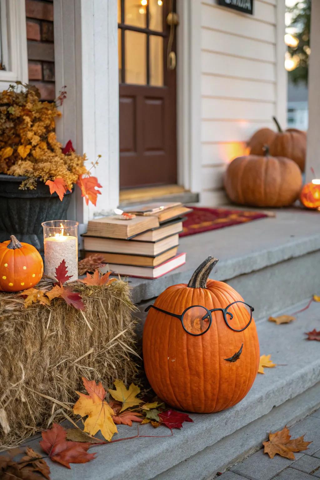 A pumpkin displaying glasses for a scholarly spectacle.
