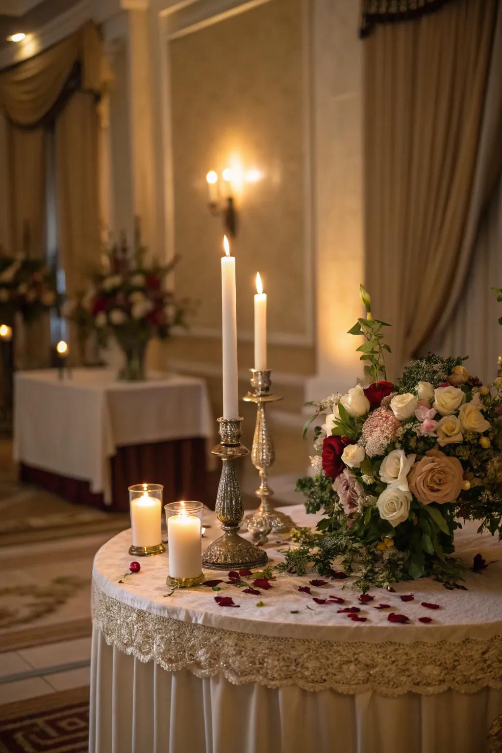 Gentle lighting cultivates a delightful atmosphere for this indoor unity candle station.