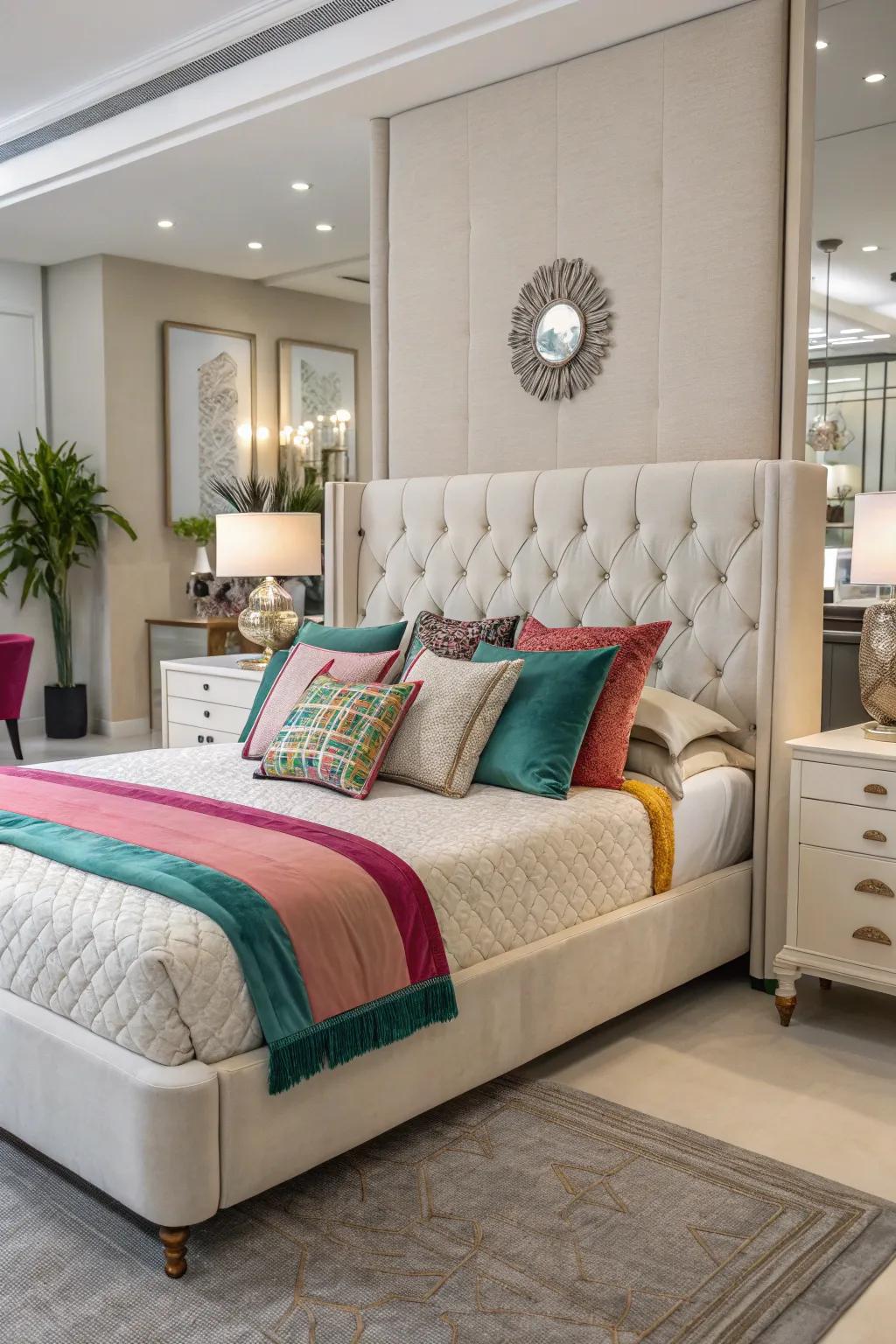 Decorative pillows bring color and personality to this upholstered bed.
