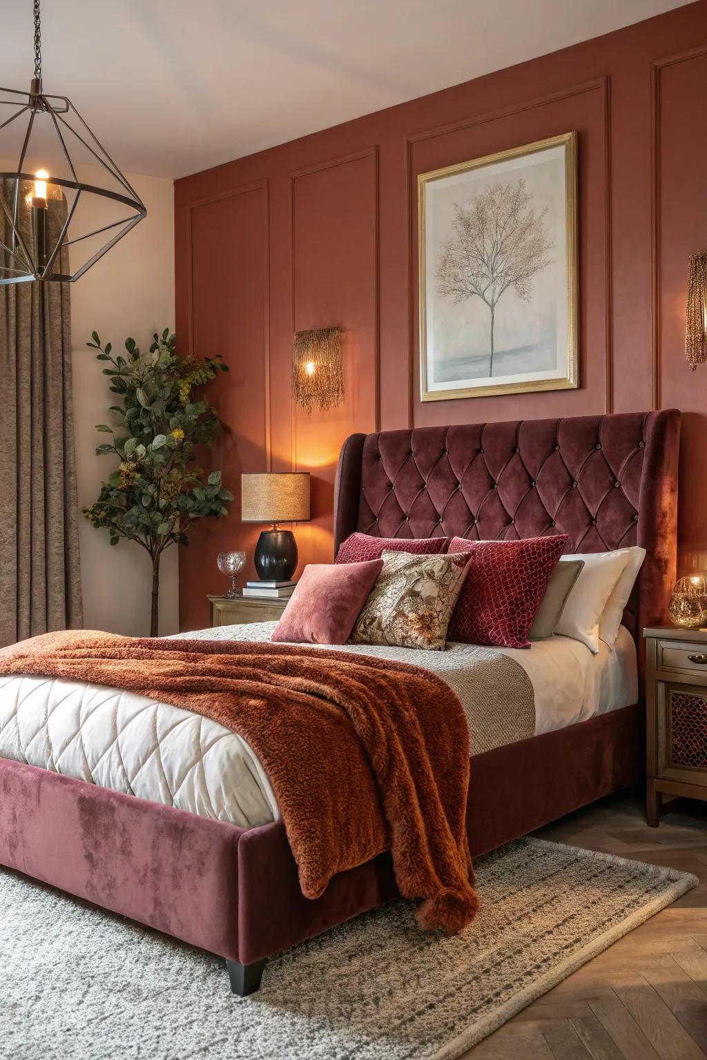Velvet decor infuses the sleeping quarters with comfort and luxury.