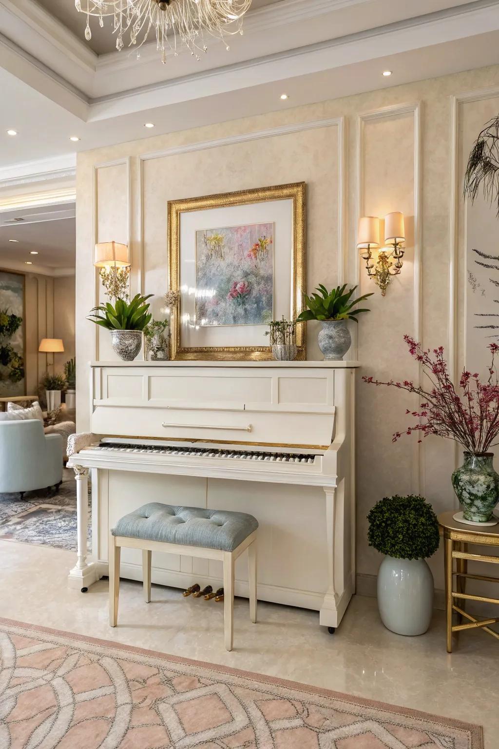 A chic room with an upright piano area decorated in a harmonious color palette.