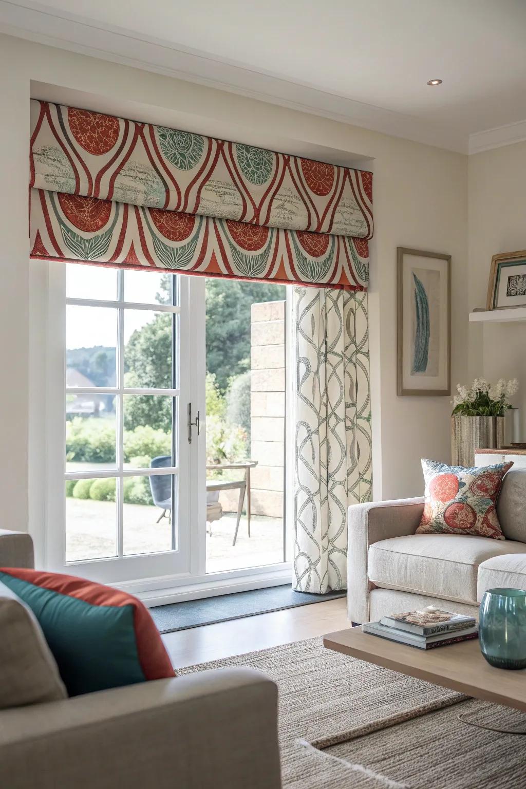 A window showcasing a tailored print abstract design dressing in a contemporary living space.