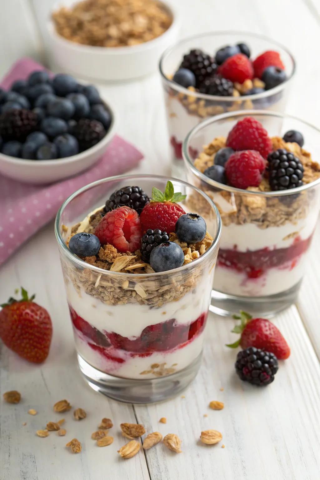 Colorful berry parfaits with yogurt and granola.