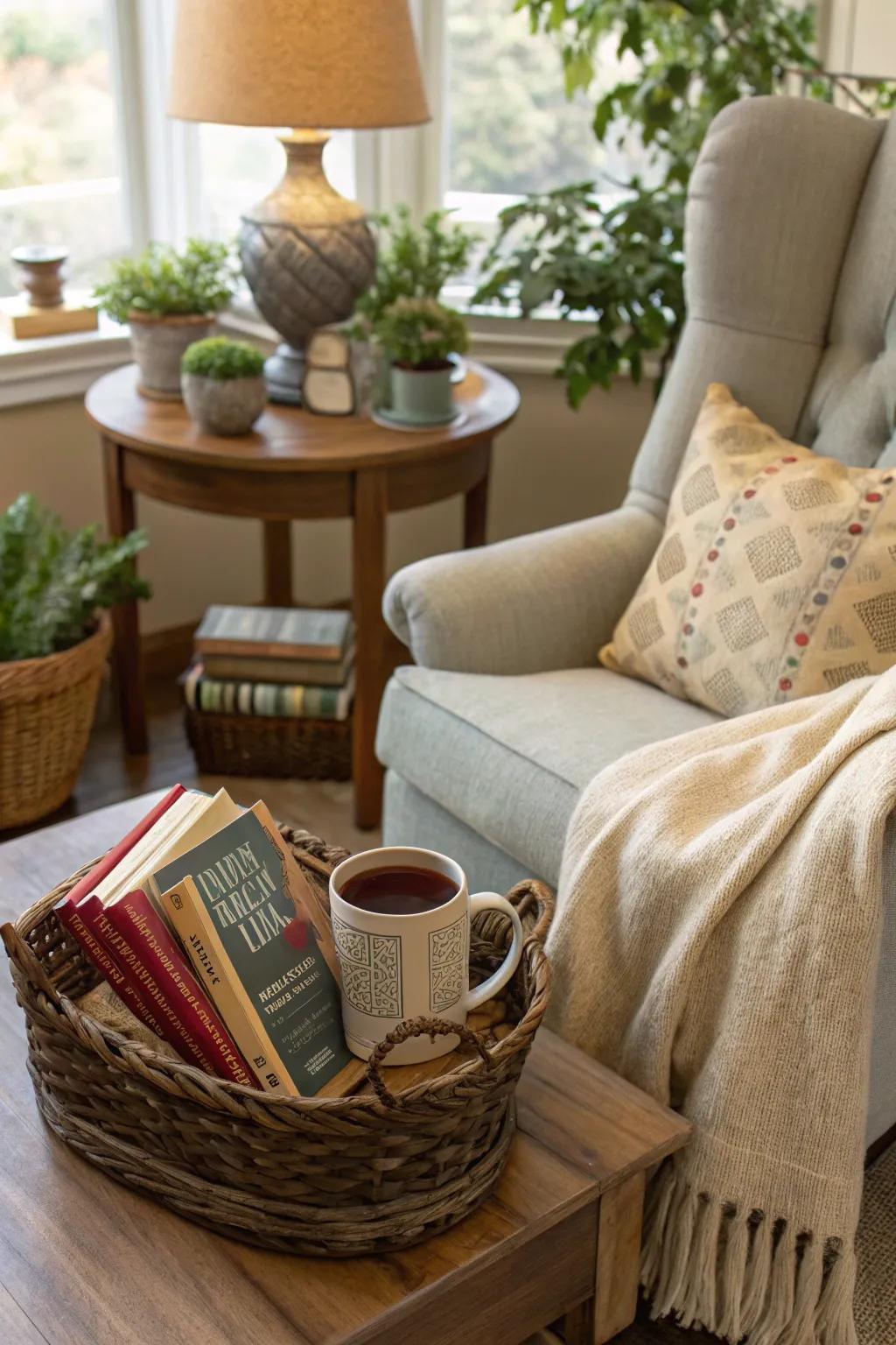 A bookworm's sanctuary basket made for peaceful reading moments.