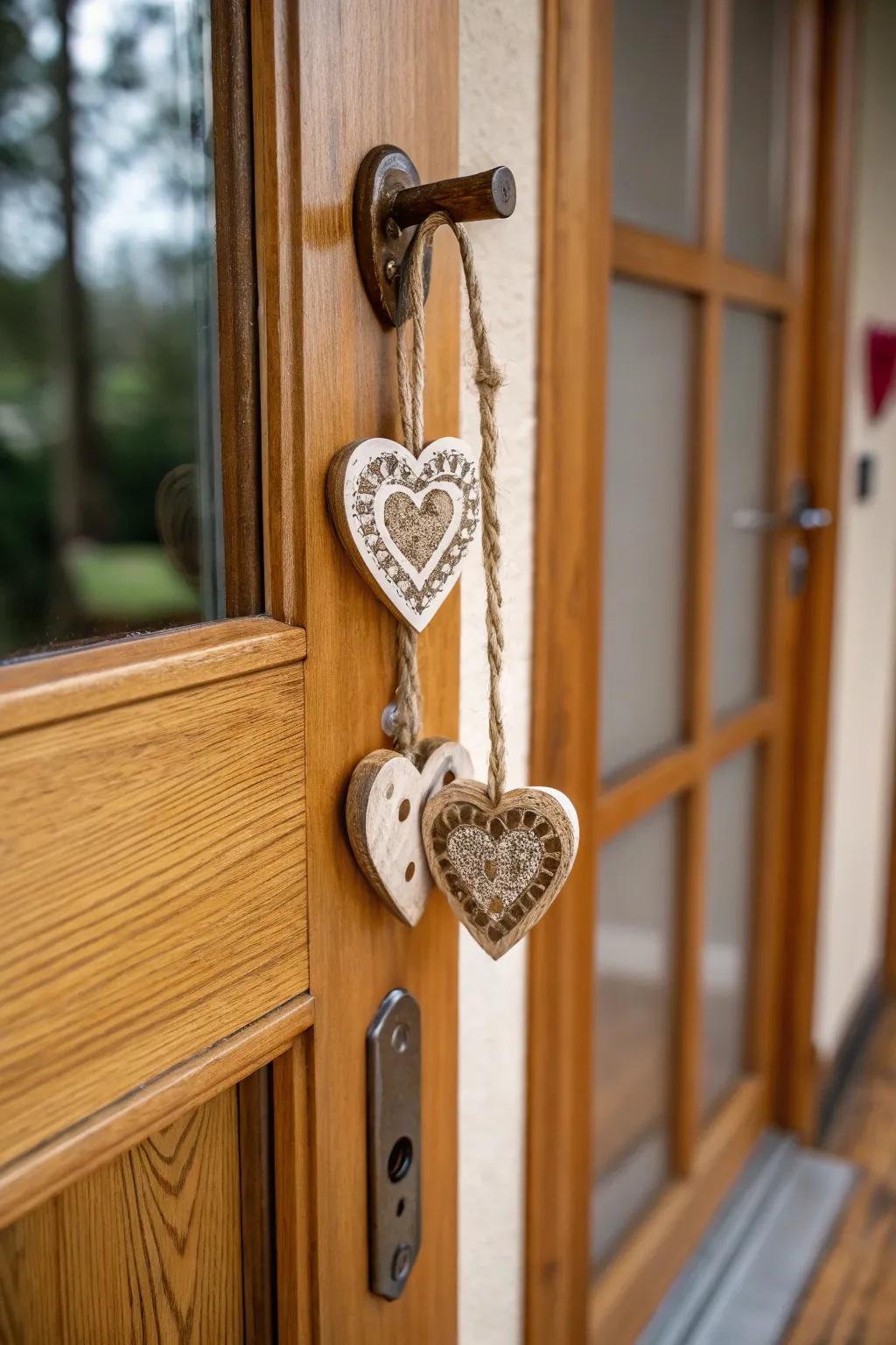 Rustic timber hearts infuse a handcrafted impression to your entryway.