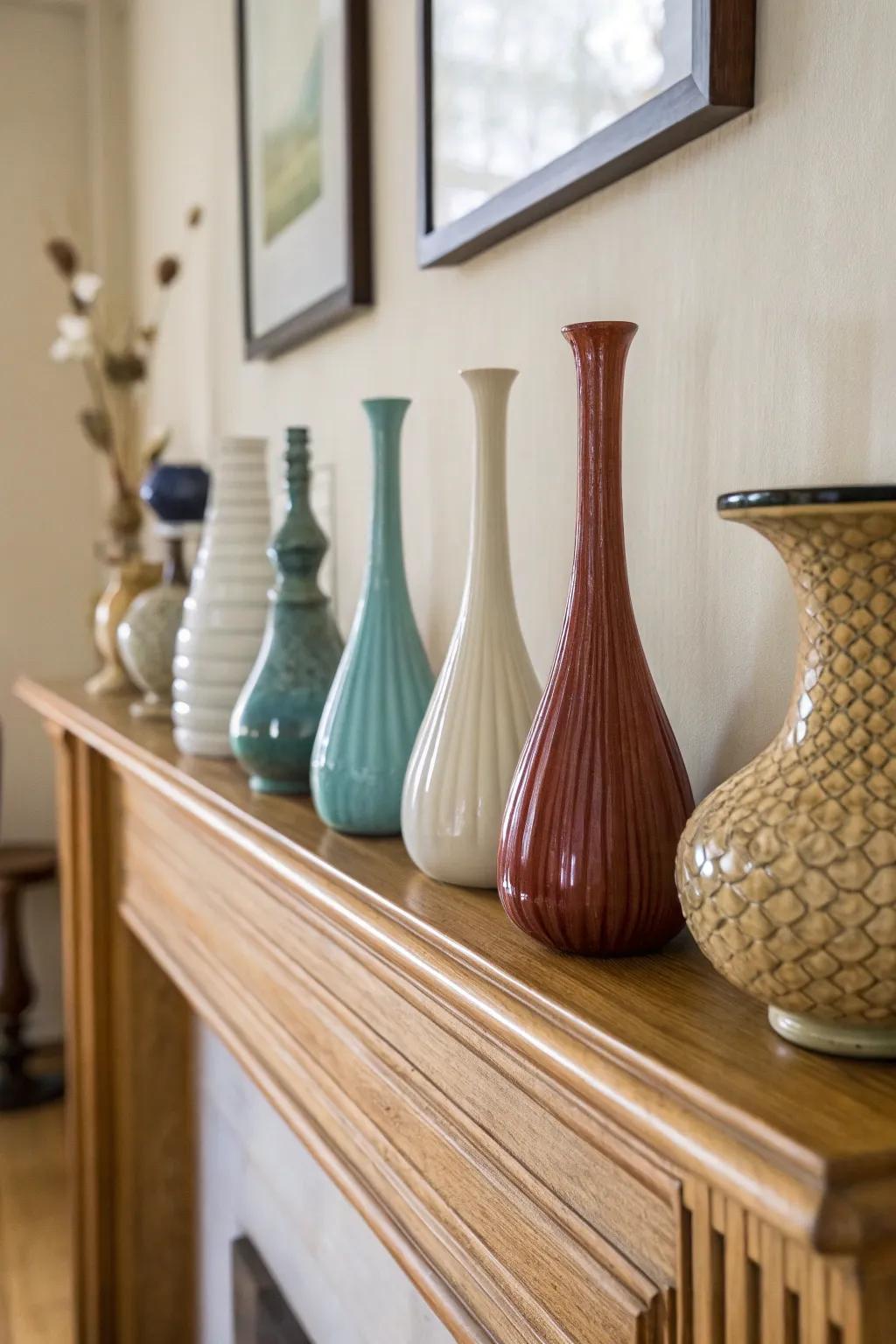 Vases of varying heights amplify depth and visual interest.