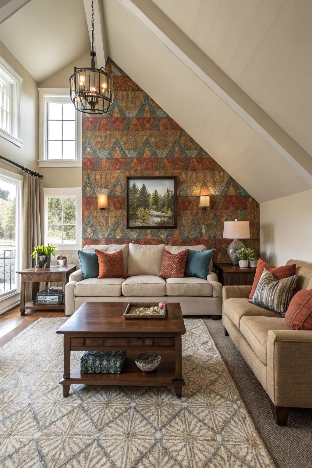 A family room showcasing a vaulted ceiling, with furnishings drawing attention to the wall's design