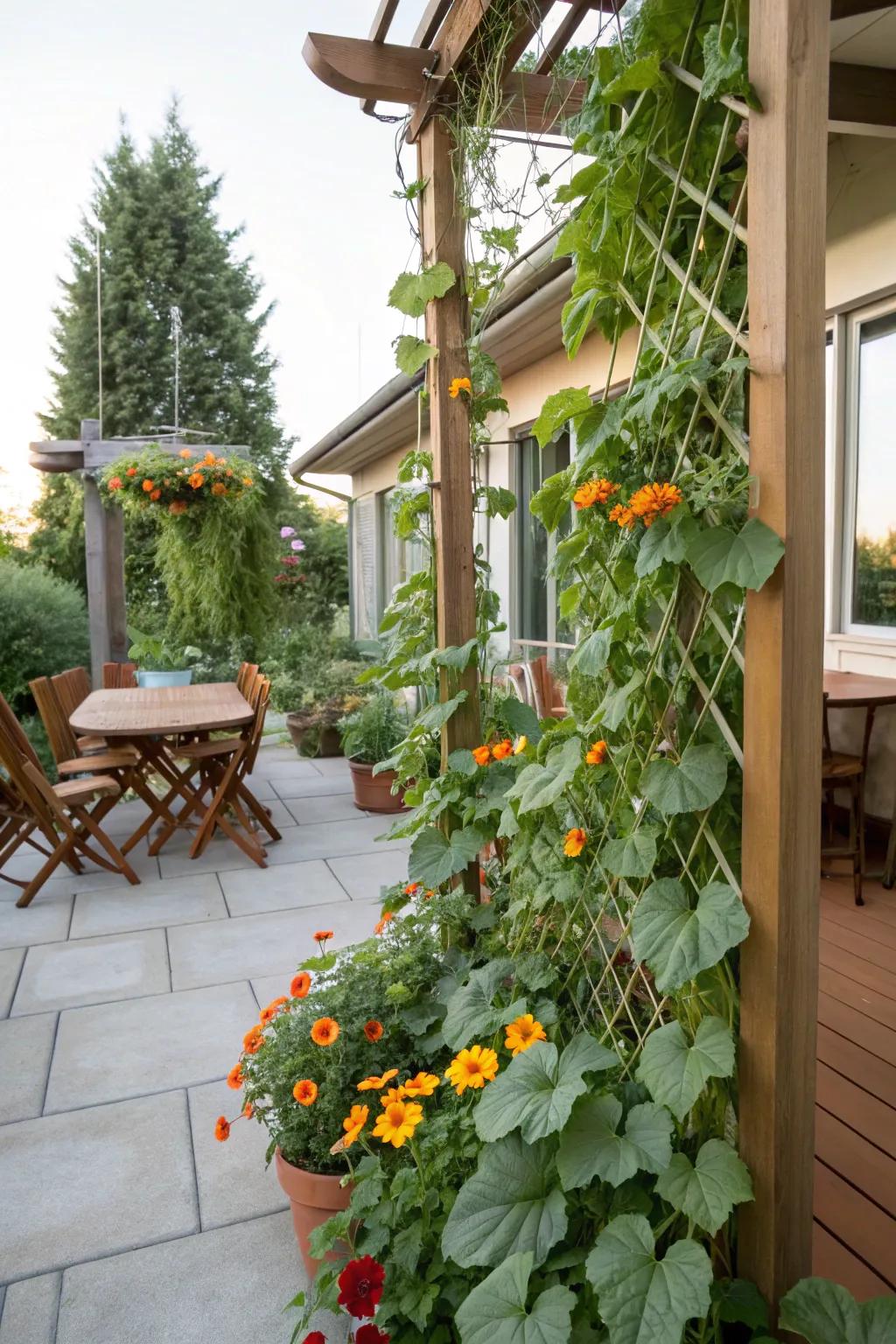 Trellis planters maximize small outdoor spaces.