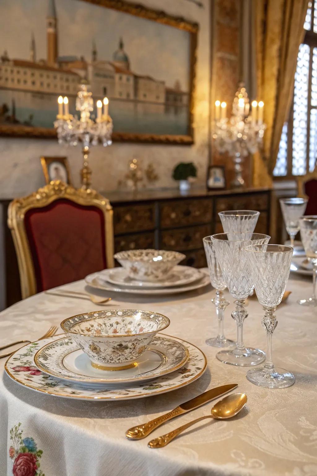 An extravagantly set dining table, ready for an elegant meal.