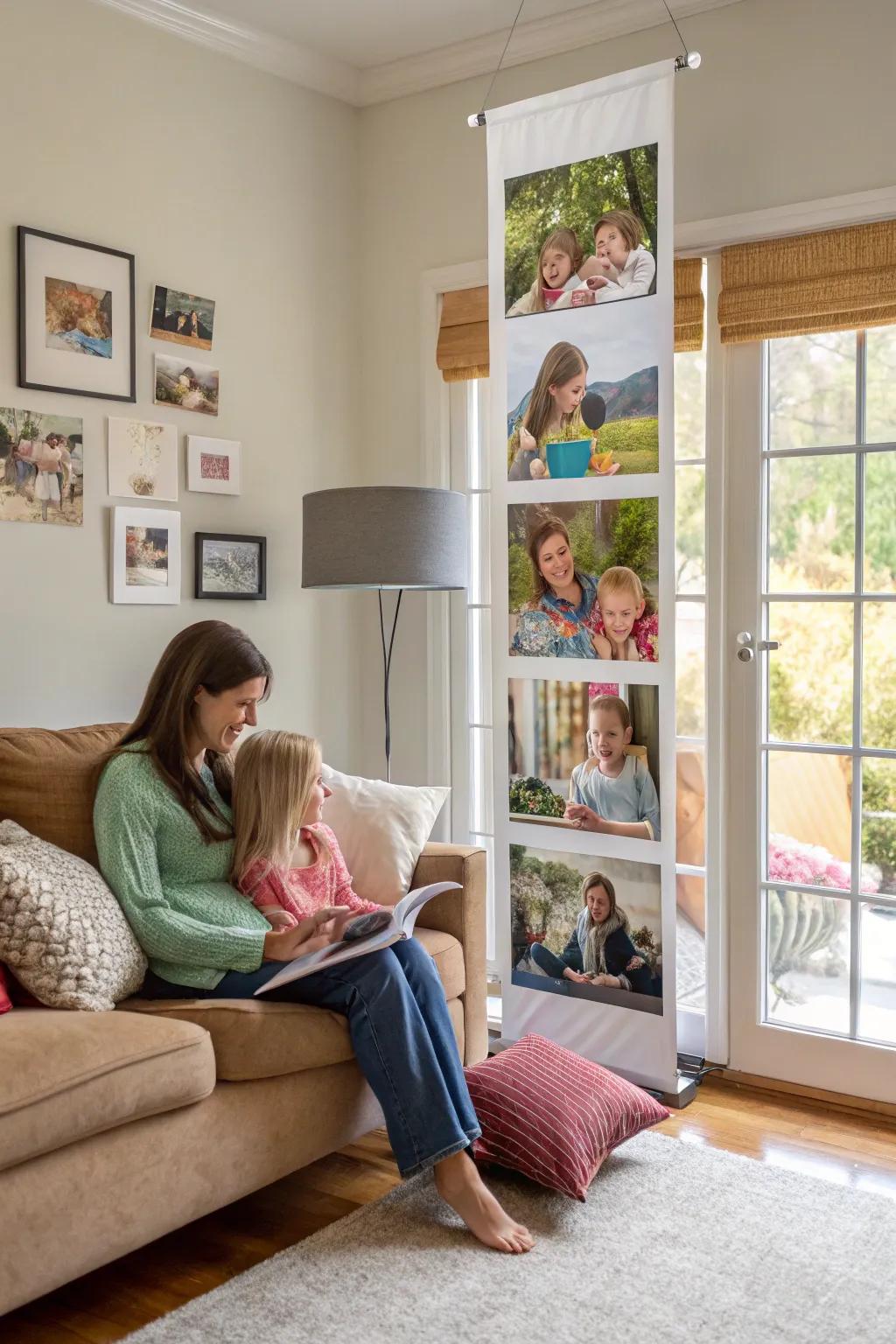 A banner featuring a collage of pictures beautifully displays cherished moments in a living area.