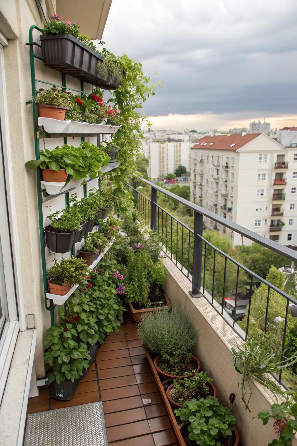 An urban balcony is reinvented into a vibrant retreat using vertical gardening strategies.