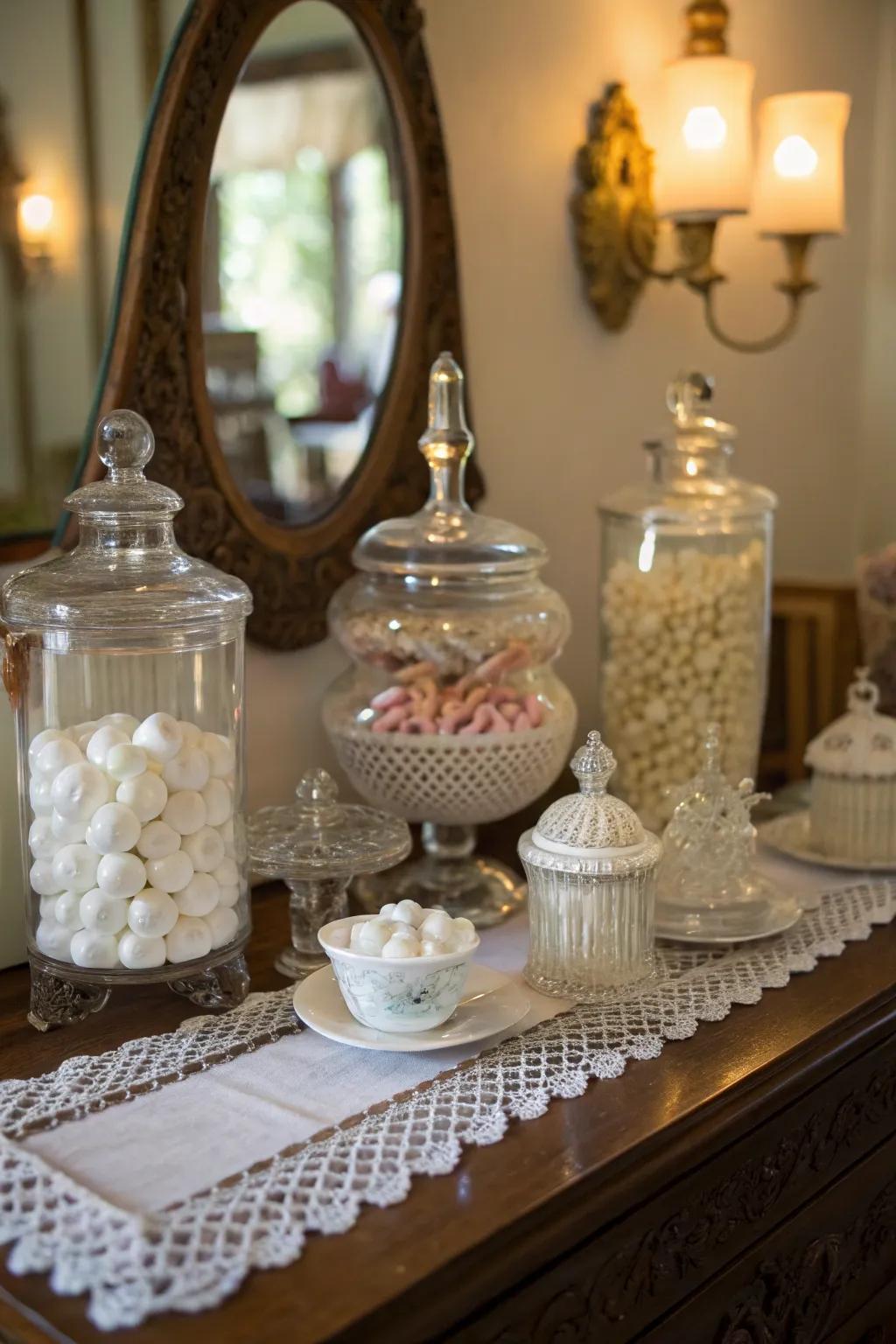 Pressed glass and china decor enhance the vintage charm of your vanity.