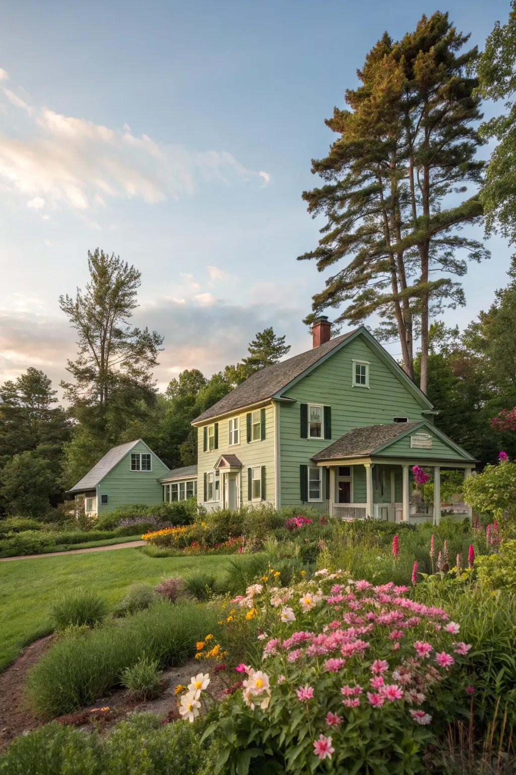 Sage green siding creates a tranquil connection with nature.